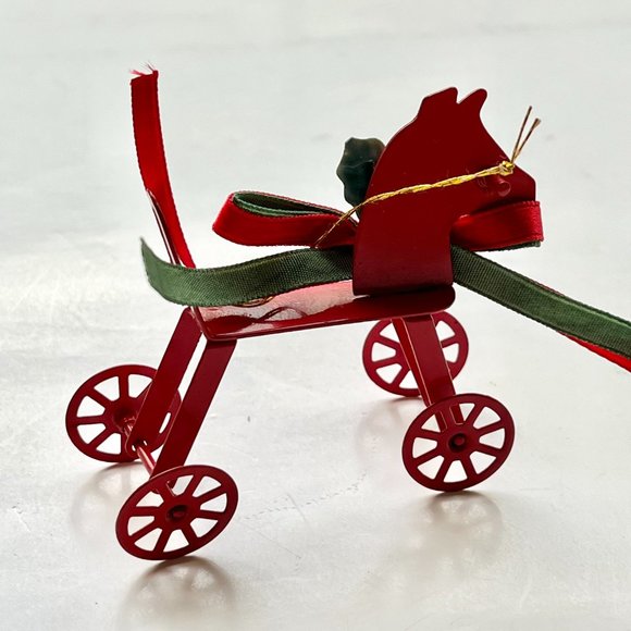 Vintage Rocking Horse Christmas Tree Ornament Red Diecast Metal Holly Taiwan - Picture 4 of 9